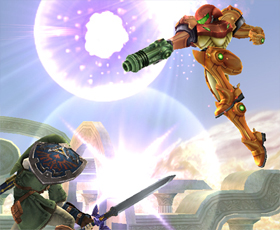 Samus jumps through the air
